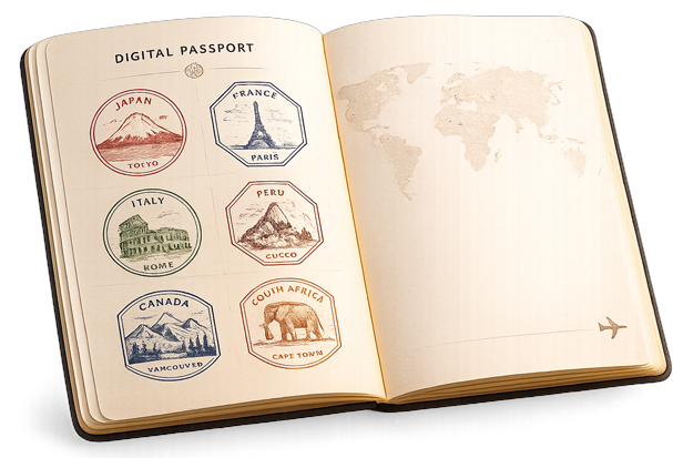Aufgeschlagener digitaler Reisepass mit Länderstempeln und Weltkarte